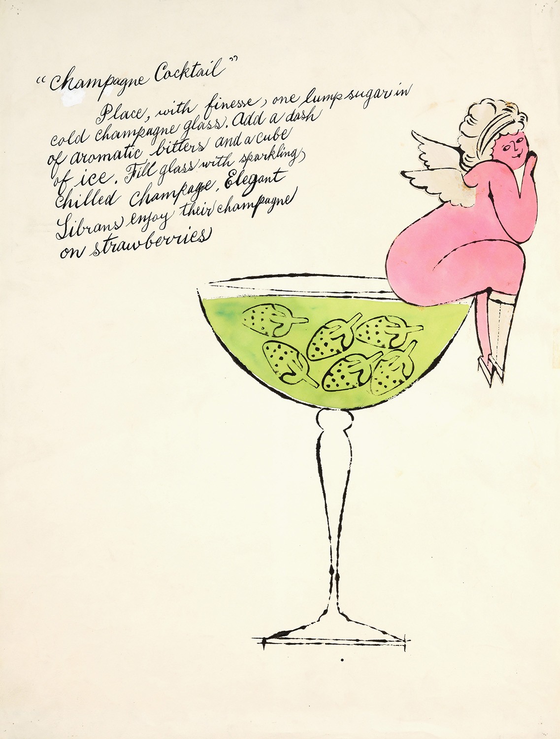 A pink cherub sits on the edge of a cocktail glass filled with green liquid and strawberries. In the top left corner, a cocktail recipe is written in old-fashioned handwriting.