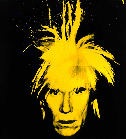 A yellow and black close up image of Andy Warhol's face.