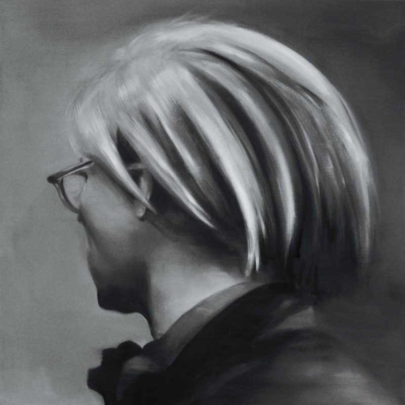 A grayscale rendering of a person with chin-length hair and wearing glasses turning their face away from the viewer.