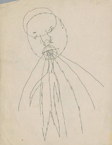 A pencil sketch of a male figure with lines extending from his mouth toward the bottom of the image.