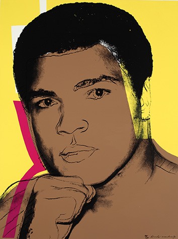 Screen print of Muhammad Ali bust with yellow background. His chin rests on his right first.