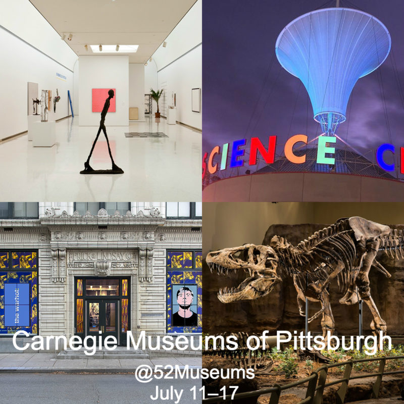 Composite image of four photographs: walking man sculpture in white gallery space (top left); white funnel sculpture against night sky (top right); museum facade (bottom left); complete dinosaur skeleton (bottom right).