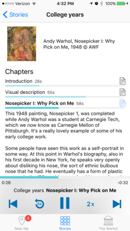 A screen shot of the "College Years" story from the new Out Loud app. The page includes a thumbnail of the piece, details about the piece and a "Chapters" section with several audio clips. There are audio controls like previous, rewind 5 seconds, pause, speed, and forward near the bottom of the screen. Below them is a tool bar with the options "Near me," "Stories," and "The Warhol." 