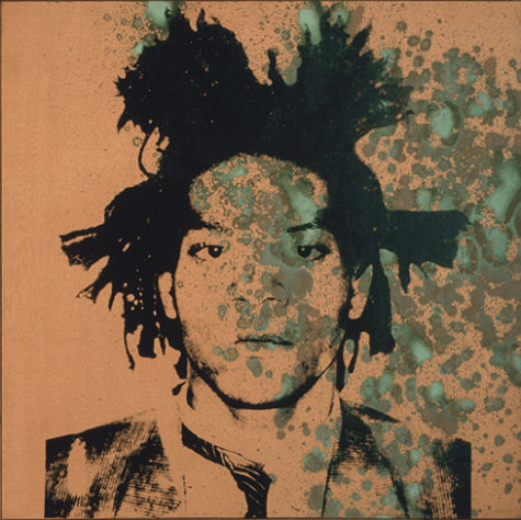 Bust portrait of Jean-Michel Basquiat. He looks straight ahead wearing a suit coat and tie, outlined in black paint against a copper background. Green splatted dots mark the right half of the painting, on top of the background and portrait.
