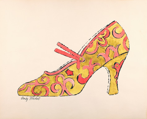 A yellow women's high-heeled shoe decorated with red fleur de lis and a red strap.