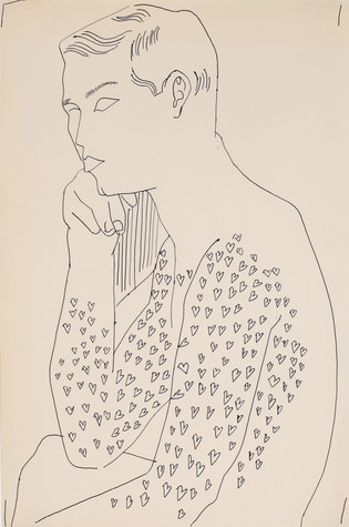 A line drawing of the head and torso of a seated male nude facing the left side of the image and leaning his chin on his right hand. His arms and chest have been decorated with tiny hearts.