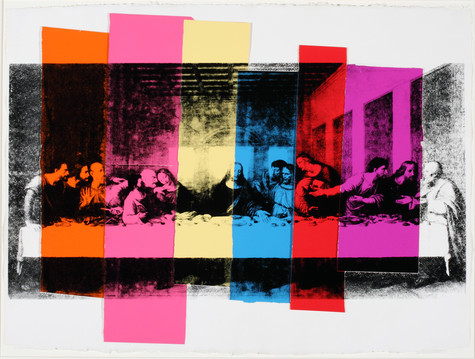 A black and white screen print of The Last Supper, overlaid by vertical columns of red, pink, yellow and blue color of varying lengths.