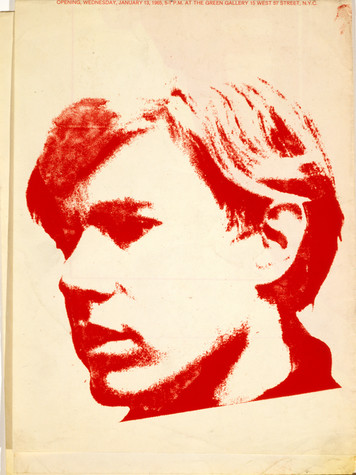 A 3/4 view portrait of Andy Warhol, facing the left side of the image. The portrait is red ink on off-white paper.