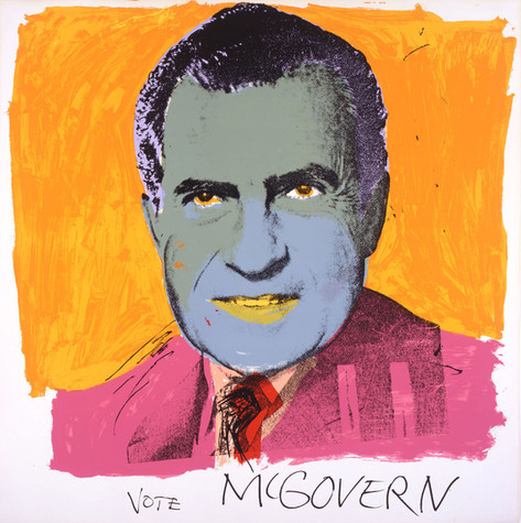 A portrait of Richard Nixon with a blue and green face, purple hair, and yellow lips. He is wearing a pink suit and is placed against an orange background. Below the portrait, Warhol has hand-written vote McGovern.