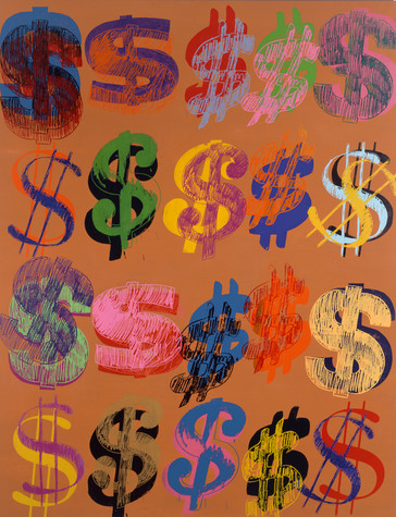 A screenprint of the U.S. dollar sign depicted in a variety of styles and colors by Andy Warhol.