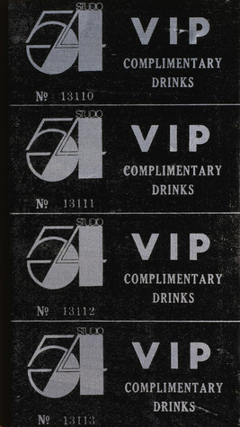 A vertical column of four black tickets which read Studio 54 VIP Complimentary Drinks in silver ink.