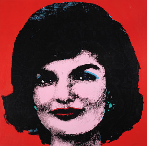 A portrait of Jackie Kennedy against a bright red background. Her skin is pink, her lips are red, and her eyeshadow and earrings are turquoise blue.