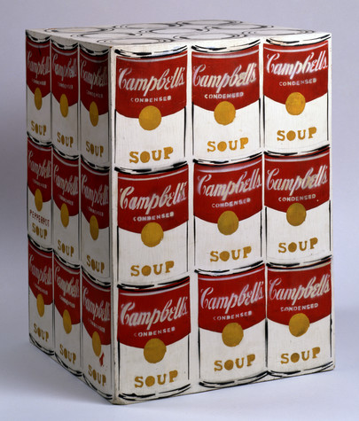 A white box decorated with three rows of three Campbell's Soup cans on each side.