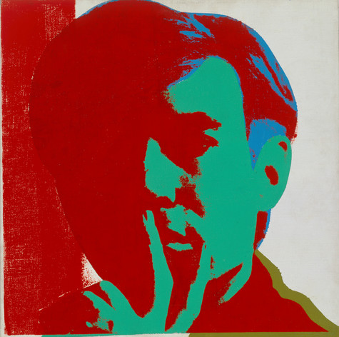 A screen printed self portrait of Andy Warhol, holding the fingers of one hand to his lips. Red shadow overtakes much of his otherwise green face. Part of his hair is highlighted in blue, and part of his collar in gold.