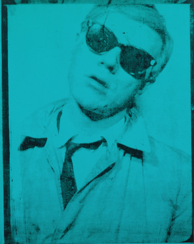 Andy Warhol wears dark sunglasses and tilts his head to the right side of the image. He is wearing a coat, under which a dress shirt and loose tie are visible. Originally a photograph, the image has been printed onto canvas painted turquoise blue.