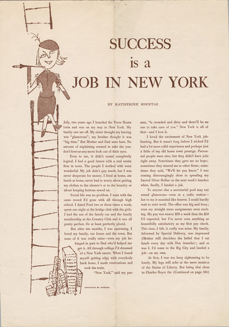 A magazine article titled Success is a Job in New York. In the bottom of left of the image, a ladder sprouts in front of cartoon drawings of skyscrapers. At the top, a fashionable woman wearing a skirt and blouse and holding a cigarette is sitting on the ladder.