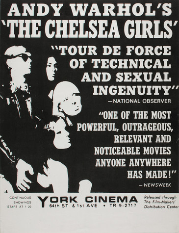 A black and white poster for Andy Warhol's the Chelsea Girls, which depicts Andy Warhol and three women on the left, the shadows on their faces and bodies blending into the black background of the page. The right side of the image features quotes from critics in bold white text.
