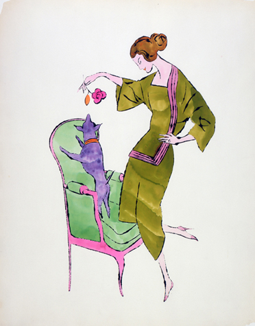 Warhol illustration of a fashionably dressed woman standing next to a dog on a green chair, teasing it with a pink flower.