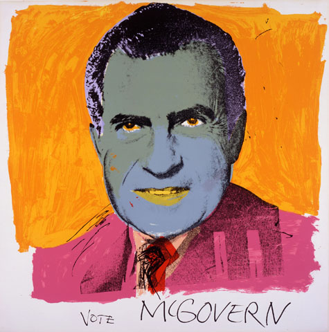 A screen print of a blue-skinned Richard Nixon wearing a pink suit jacket. Vote McGovern is written below the image.