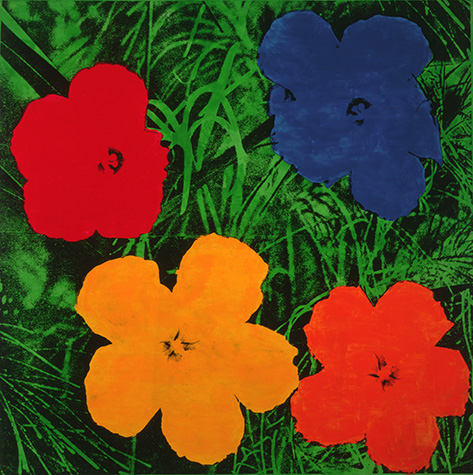 A silkscreen print from the Warhol Flowers series. Brightly colored flowers are arranged against a bright green and black background.