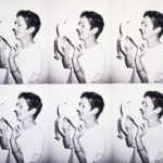 Two rows of the same image repeated three times- a person peeling a banana viewed from the side..