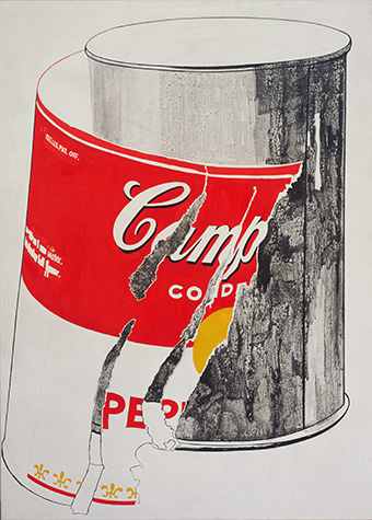 Campbell's Soup Can with Torn Label, a 1962 screen print by Andy Warhol showing a soup can with a torn red and white label.