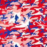 Camouflage pattern in red, pink, blue and white.