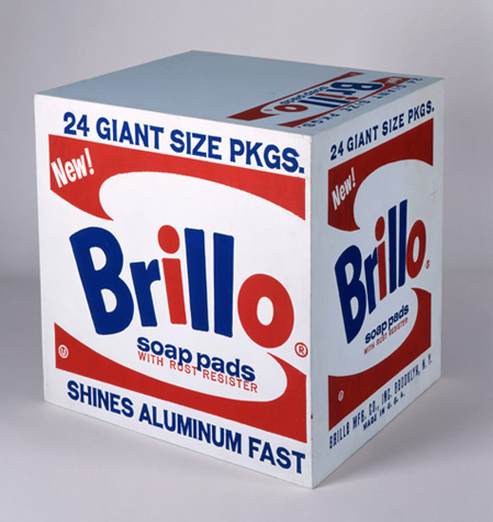Andy Warhol's 1964 replica of a box of a Brillo soap pads using the midcentury red, white, and blue color scheme.