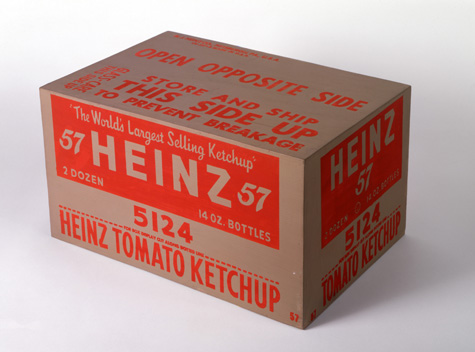An Andy Warhol box sculpture reproduction of a mid-1960s Heinz tomato ketchup supermarket box.