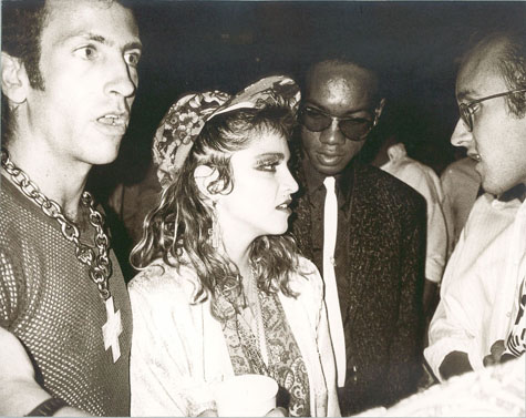 Madonna, Kenny Scharf, Juan Dubose and Keith Haring captured in a 1985 candid photo by Andy Warhol.