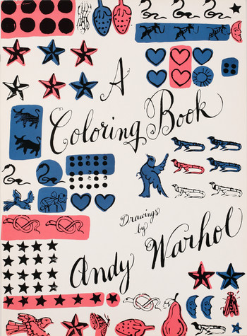 The words A Coloring Book, Drawings by Andy Warhol are written in curling script on a page full of doodles of birds, moons, fruits, and animals, some ow which have been highlighted in blue or pink.