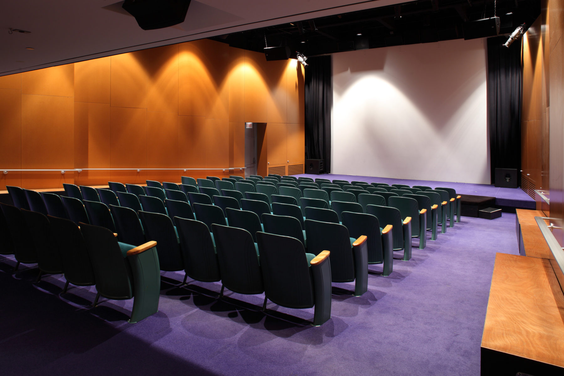 A photograph of the Andy Warhol Museum theater. Rows of green theater seats slope towards a large screen flanked with black curtains. The carpet is purple, and the walls are orange.