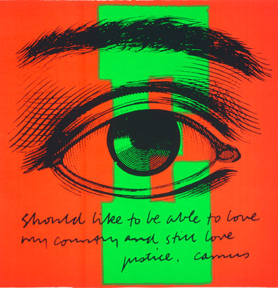 Painting by Corita Kent featuring an eye on an orange and lime green background