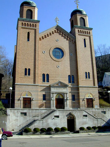 View of the front facade of St. John Chrysostom Byzantine Catholic Church in Pittsburgh, Pennsylvania.