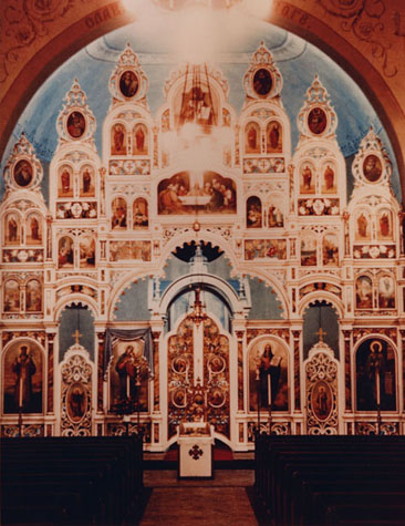 View of the sanctuary and altar of St. John Chrysostom Byzantine Catholic Church in Pittsburgh, Pennsylvania.