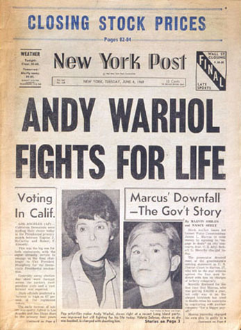Front page of the New York Post with the headline Andy Warhol Fights for Life.
