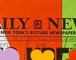 A close up of the Daily News front page overlaid with red and green color blocks and multicolored shapes.