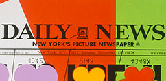 A close up of the Daily News front page overlaid with red and green color blocks and multicolored shapes.