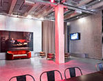 A wide angle view of the Warhol Museum lobby.