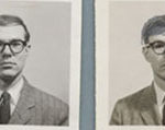 Identical photos of Andy Warhol, one of which having been drawn on to resemble Warhol as he appeared in the 1980s.