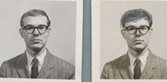 Identical photos of Andy Warhol, one of which having been drawn on to resemble Warhol as he appeared in the 1980s.