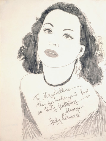 A pencil sketch of a young woman with dark hair gazing upward toward the left corner of the page. The words “To Maybelline-- The eye makeup I find so truly flattering. Always, Hedy Lamarr” are handwritten across her chest.