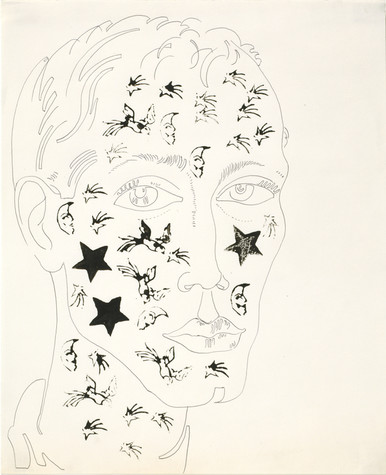 A line drawing of a male face is located slightly left of the center of the image. His face and neck are covered in stamps of moons, birds, stars, and shooting stars.