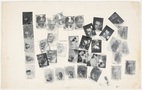 Images of several celebrities have been printed across a yellowing piece of paper, some of them overlapping.