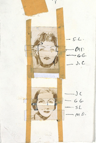 A page from a sketchbook in which two small portraits have been taped. Features of the woman in each of the portraits have been labeled with initials.