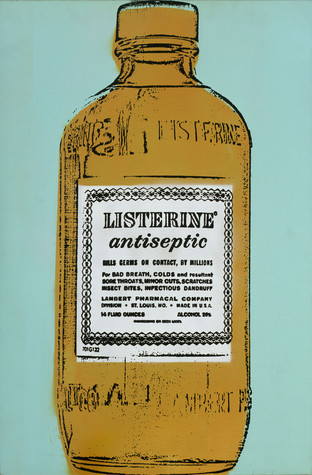 This screen print depicts a mustard brown bottle with a white label that reads Listerine antiseptic set against a mint green background.