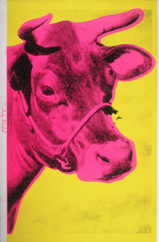 A print of a hot pink cow against a yellow background.