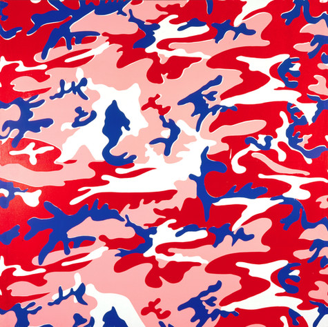 This image shows a camouflage print with overlapping abstract shapes. Instead of greens and browns, the colors in this print are pale pink, red and white, with navy blue accents.