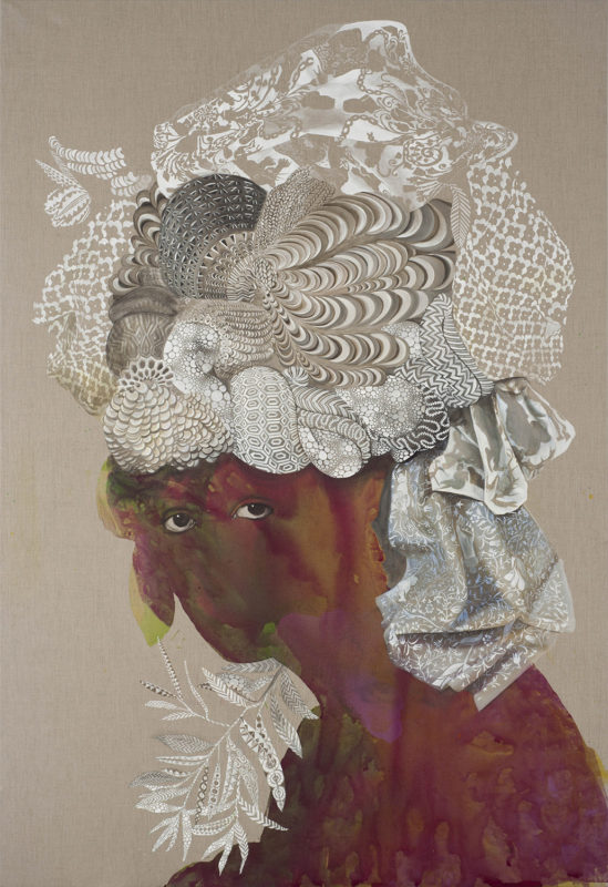 In this bust portrait of a woman with dark skin she sits in profile with her head turned 45 degrees to look directly at the viewer. She has dark brown eyes and wears an elaborate headdress that fills the top half of the vertical portrait. The headdress is a variety of whites, beiges, browns, and a bit of blue where the fabric folds creating shadows. It includes a variety of decorative patterns, and one of the patterns includes black panthers.