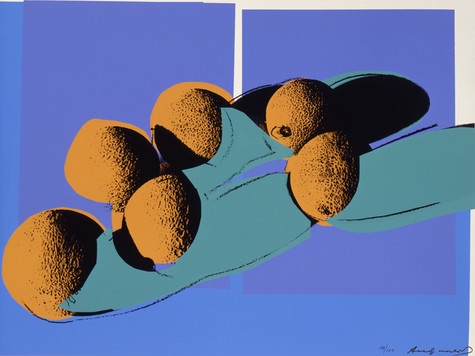 Six orange cantelopes are scattered across the image from the bottom left to the top right. Their shadows have mostly been covered by green paint. There are two large purple rectangles behind the fruit, set against a background that is off-white in the upper right corner and blue everywhere else.
